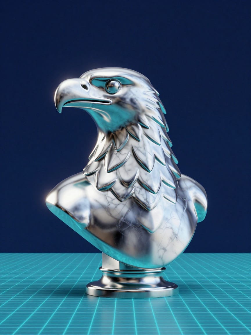 Chrome eagle bust, three quarter view