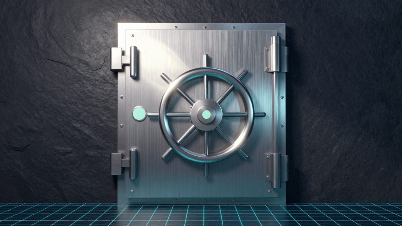 Brushed aluminium vault door with a chrome locking wheel